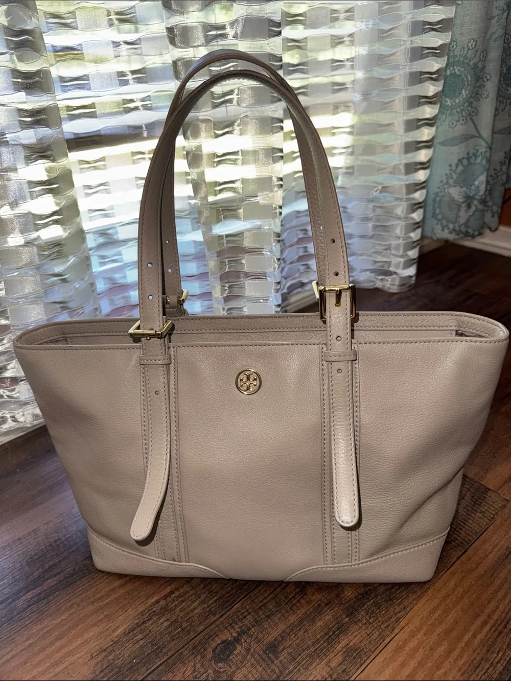 Tory Burch gray Pebbled Leather Tote with Gold Logo